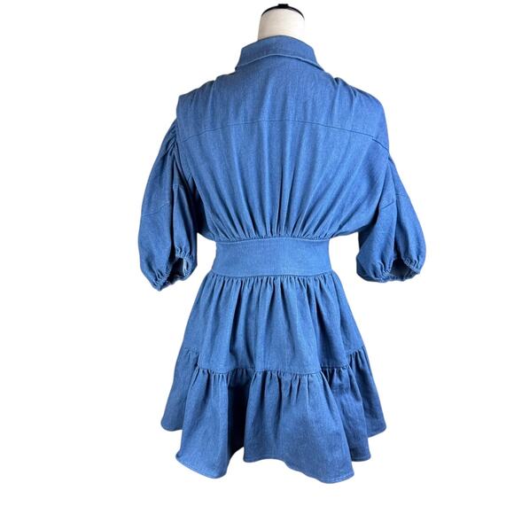 Petal + Pup Francis Denim Gathered Balloon Sleeve Tiered Flare Mini Dress - Picture 7 of 16